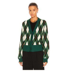 Staud Knave Cardigan in Green Cypress Argyle - Size S